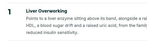 The example report's three priority findings, with the first, Liver Overworking, explained in plain English