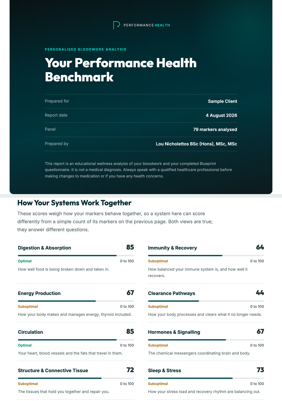 A Performance Health Benchmark report, showing the cover and eight scored body systems